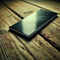 Ein modernes Smartphone mit glänzendem Bildschirm liegt auf einem rustikalen Holztisch. Die Holzmaserung ist sichtbar, und das Gerät reflektiert sanft das Licht. Die Szene kombiniert moderne Technologie mit natürlicher Ästhetik in einer warmen Atmosphäre.