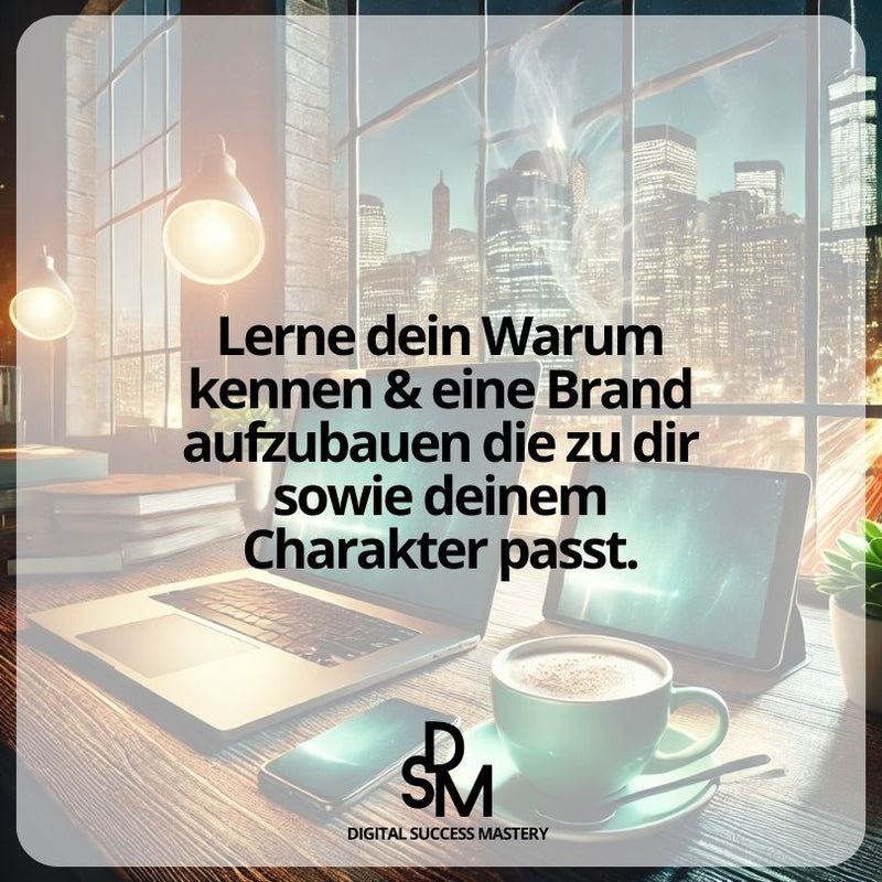Ein modernes Büro mit einem Laptop im Vordergrund und dem Text: „Lerne dein Warum kennen & eine Brand aufzubauen, die zu dir sowie deinem Charakter passt.