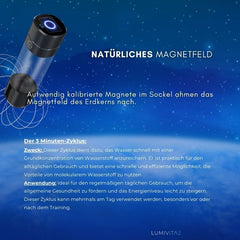 LumiVitae CellPower Wasserstoffflasche mit erklärtem 3-Minuten-Zyklus: Magnetfeldtechnologie ahmt das Erdmagnetfeld nach und reichert Wasser mit Wasserstoff an.
