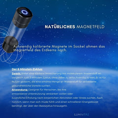 Darstellung des 6-Minuten-Zyklus der CellPower-Flasche für stärkere Wasserstoffanreicherung, unterstützt durch natürliche Magnetfeldtechnologie.
