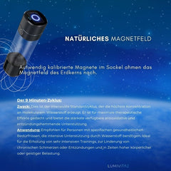 Beschreibung des 9-Minuten-Zyklus der LumiVitae CellPower-Flasche, der für maximale Wasserstoffkonzentration und therapeutische Unterstützung sorgt.