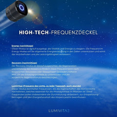 LumiVitae CellPower-Flasche mit Fokus auf den High-Tech-Frequenzdeckel, der verschiedene Modi zur Energiesteigerung, Erholung und Vitalisierung des Wassers bietet.