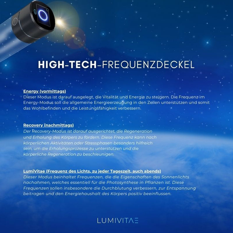 LumiVitae CellPower-Flasche mit Fokus auf den High-Tech-Frequenzdeckel, der verschiedene Modi zur Energiesteigerung, Erholung und Vitalisierung des Wassers bietet.
