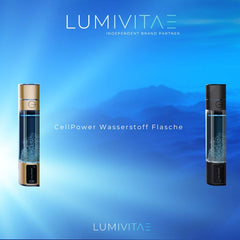 Produktbild der LumiVitae CellPower Wasserstoffflasche in Gold und Schwarz vor blauem Hintergrund, als stilvolles und funktionelles Design präsentiert.