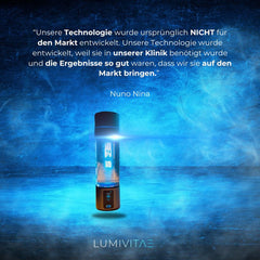 LumiVitae CellPower Wasserstoffflasche leuchtend im Vordergrund, umgeben von blauem Licht und einem Zitat von Gründer Nuno Nina über den Ursprung der Technologie.
