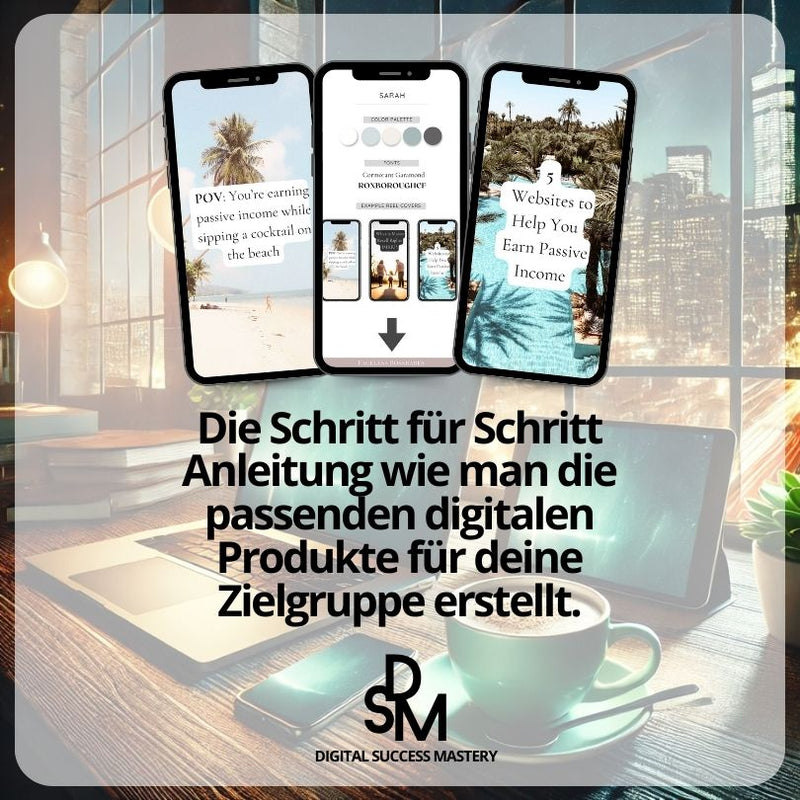Darstellung dreier Smartphones, die Schritt-für-Schritt-Anleitungen und Beispiel-Inhalte zeigen. Der Text betont, dass das Programm eine Anleitung zur Erstellung digitaler Produkte für die Zielgruppe bietet.