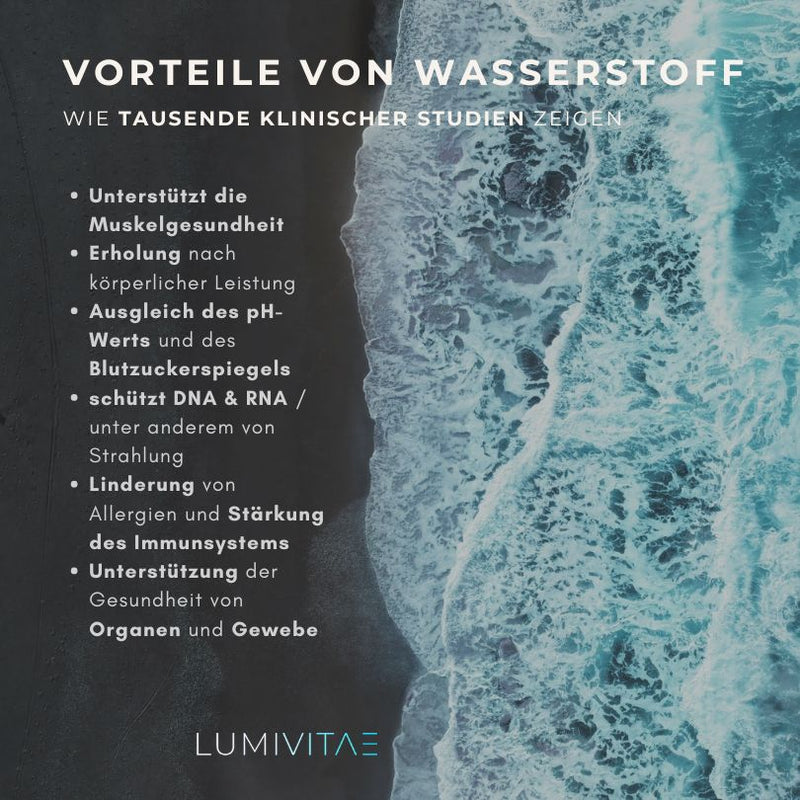 Grafik zeigt weitere Vorteile von Wasserstoff: Unterstützung der Muskelgesundheit, Ausgleich des pH-Wertes, Schutz von DNA und Stärkung des Immunsystems.