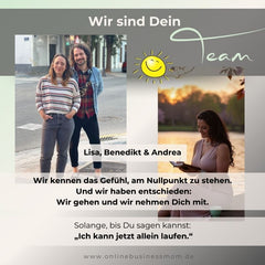 Portrait eines motivierenden Teams – Lisa, Benedikt und Andrea – das ihre Unterstützung für Neulinge auf dem Weg zur finanziellen Unabhängigkeit anbietet.