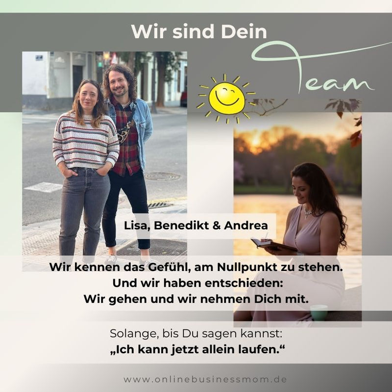 Portrait eines motivierenden Teams – Lisa, Benedikt und Andrea – das ihre Unterstützung für Neulinge auf dem Weg zur finanziellen Unabhängigkeit anbietet.