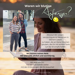 Zwei Mentoren und eine Frau in einem freundlichen Layout, kombiniert mit einer Botschaft über gegenseitige Unterstützung und echte Werkzeuge für den digitalen Erfolg.