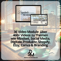 Ein Bild von zwei Bildschirmen mit den Themen „Digitales Marketing“ und „Erfolgszyklus Gedanken“. Der Text beschreibt „36 Video-Module mit 460+ Videos“ zu verschiedenen Themen wie Mindset, Social Media, Digitale Produkte, Shopify, Etsy, Canva & Branding.
