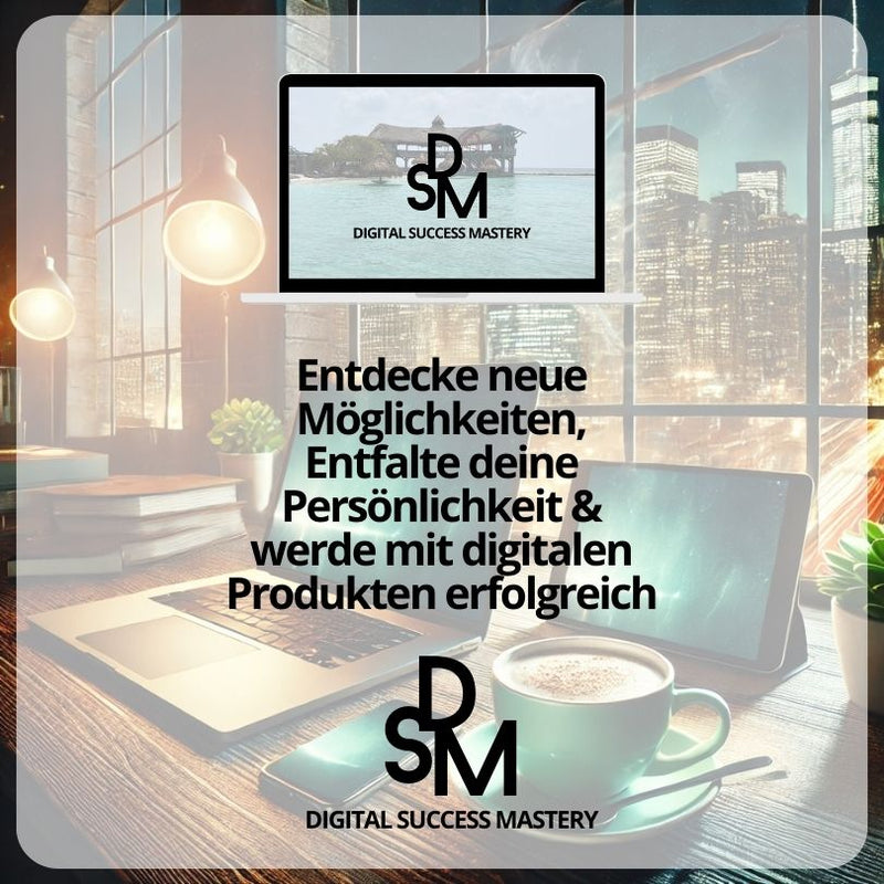 Ein Laptop auf einem Schreibtisch mit dem Digital Success Mastery Logo auf dem Bildschirm. Der Text lädt dazu ein, neue Möglichkeiten zu entdecken, die Persönlichkeit zu entfalten und durch digitale Produkte erfolgreich zu werden.