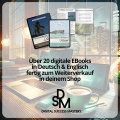Zwei E-Books in verschiedenen Designs und Sprachen mit dem Hinweis auf über 20 digitale E-Books, die in Deutsch und Englisch bereit zum Weiterverkauf sind.