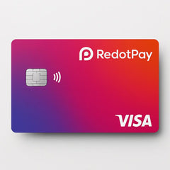 Moderne RedotPay VISA-Kryptokarte mit Farbverlauf in Pink, Violett und Orange, kontaktloser Funktion und stilvollem Design auf hellem Hintergrund.