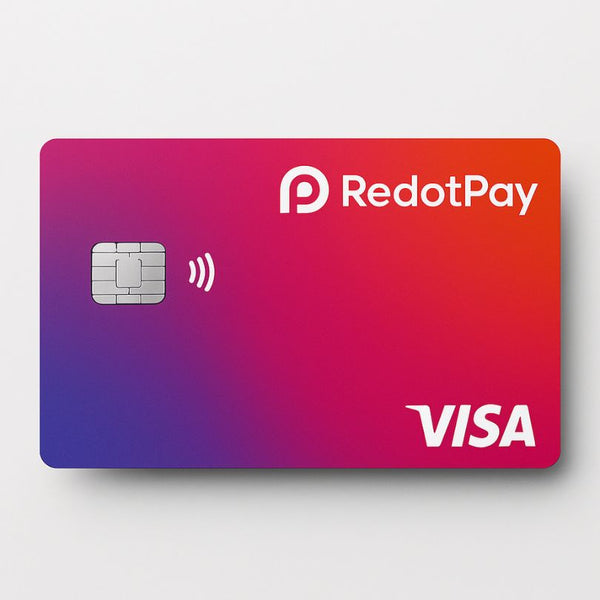 Moderne RedotPay VISA-Kryptokarte mit Farbverlauf in Pink, Violett und Orange, kontaktloser Funktion und stilvollem Design auf hellem Hintergrund.